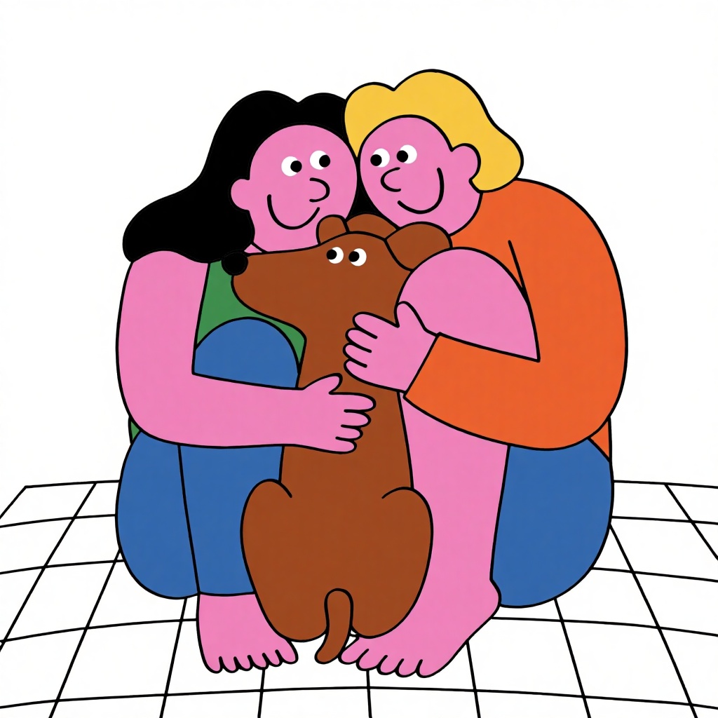 A colorful,  cartoon-style drawing depicts two anthropomorphic characters,  a pink female with long black hair and a green...