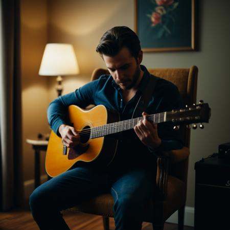 cinematic film still of a man sitting on a chair playing a guitar,  shallow depth of field,  vignette on Tensor.Art