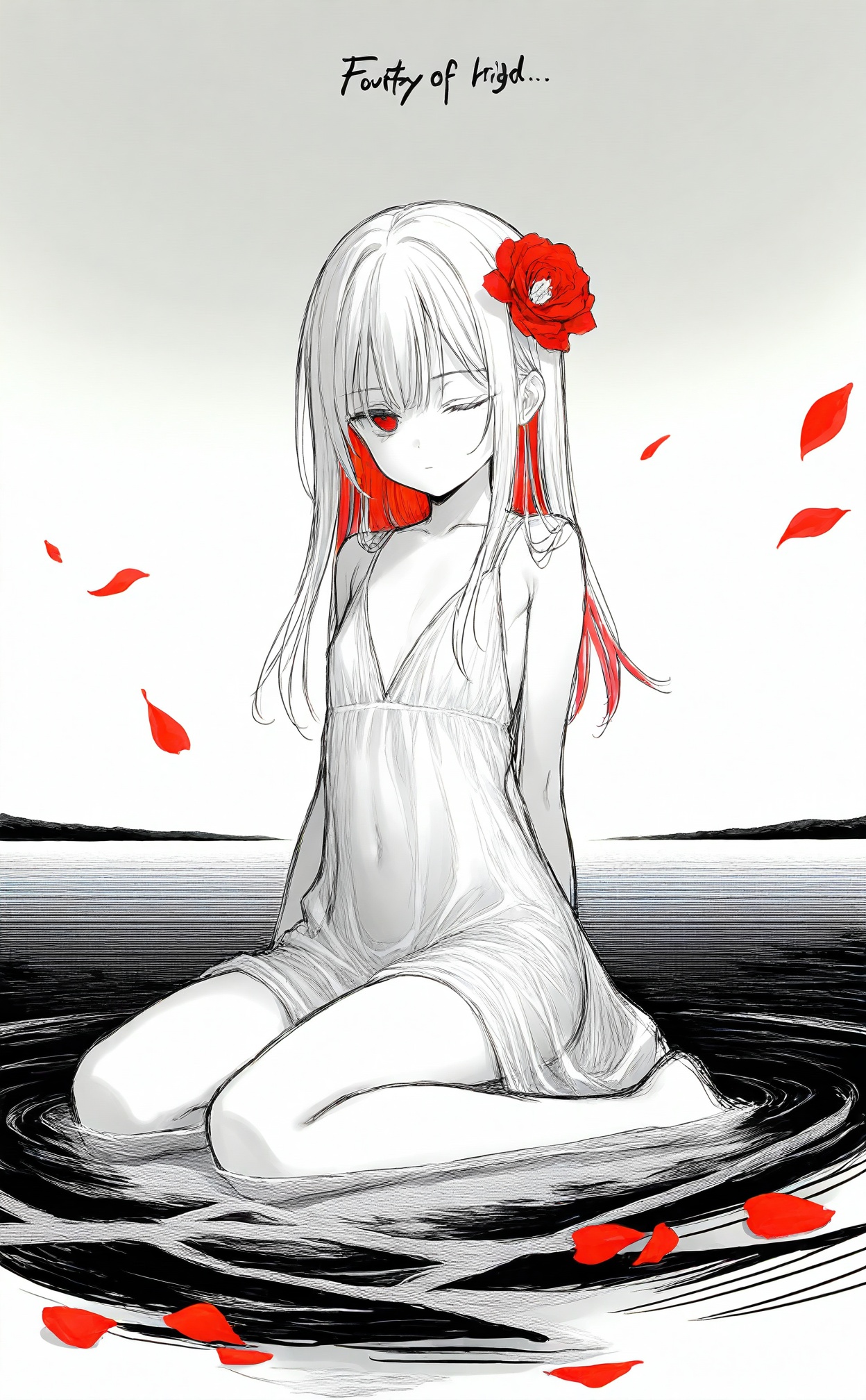 masterpiece,best quality,high quality,loli,1girl,red eyes,white long translucent night gown,expressionless,(white hair),hair cover one eye,long hair,red hair flower,kneeling on lake,blood,(plenty of red petals:1.35),(white background:1.5),(English text),greyscale,monochrome,greyscale,monochrome,sketch,
