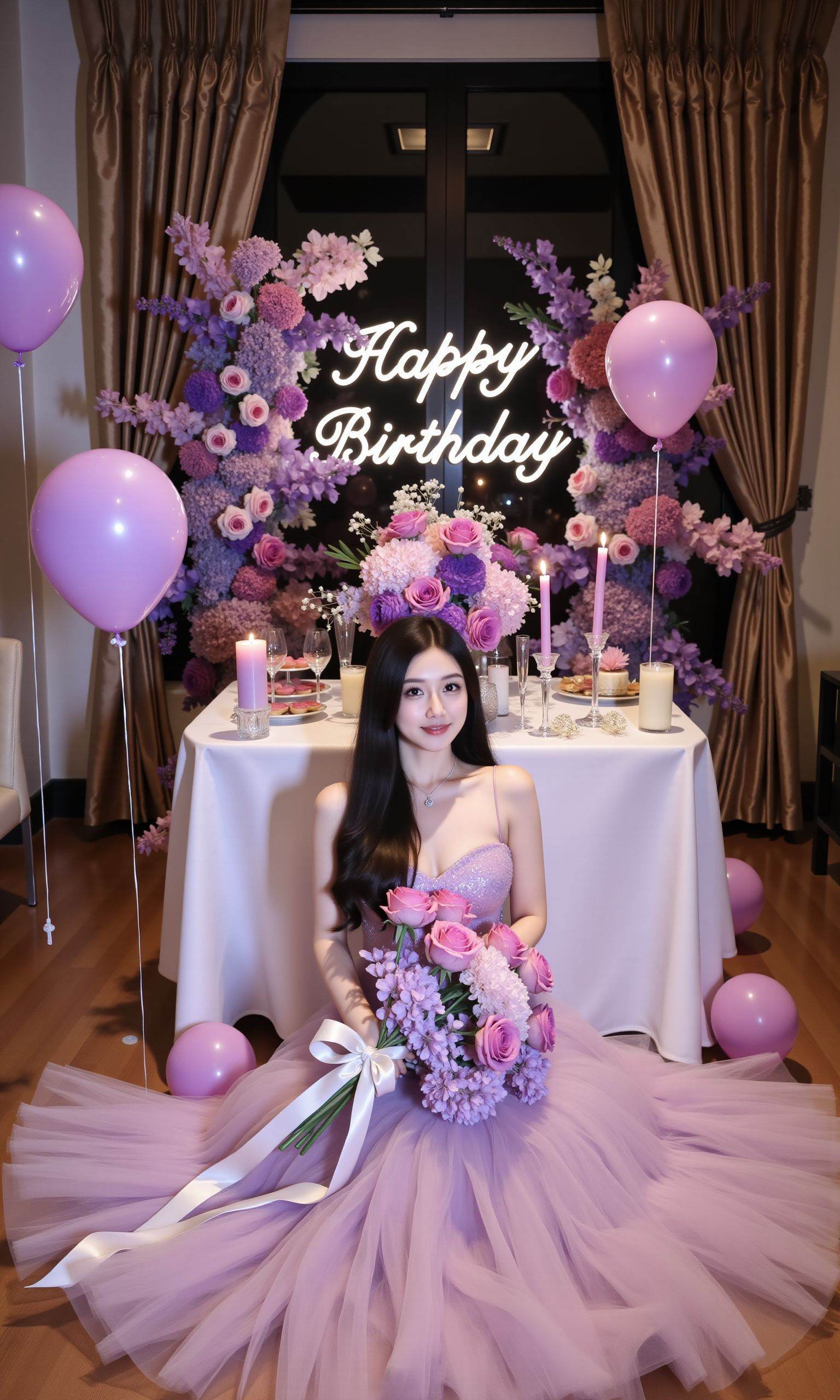 The photograph captures a glamorous birthday celebration in a luxurious indoor setting. The focal point is a young woman with long, dark hair, sitting on the floor, wearing an elegant, strapless, floor-length gown in a delicate, sheer lavender fabric. She is holding a large bouquet of pink roses, with a white ribbon wrapped around it. The bouquet is placed on her lap, and she is smiling gently, exuding elegance and joy.Surrounding her are several helium-filled, heart-shaped balloons in shades of pink and purple, adding to the festive atmosphere. In the background, there is a table adorned with various floral arrangements, including white and pink flowers, and a large, heart-shaped sign that reads "Happy Birthday" in cursive. The table is set with a white cloth and surrounded by plush, dark brown curtains. The room has a warm, inviting ambiance with a polished wooden floor and a dim, cozy lighting.The overall mood is celebratory and elegant, with a focus on the birthday celebrant's joy and the opulent surroundings. The photograph is professionally styled, with a crisp, high-resolution quality, emphasizing the details and textures of the fabrics and decorations.<lora:紫色韵味FLUX:1>