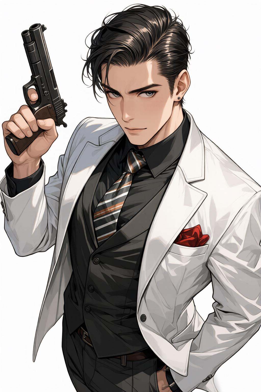 nijimix6q anime style illustration.High angle view of a man with slick back hair,  holding a gun. He is dressed in a forma...
