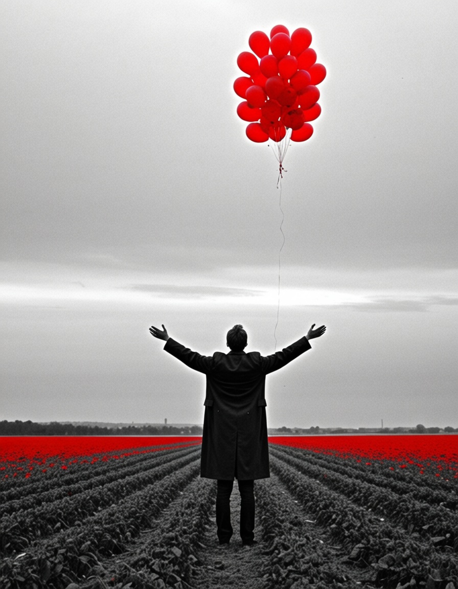 OhSoColorSplash,  inthe80s,  man with a coat standing in a field looking upwards on Tensor.Art