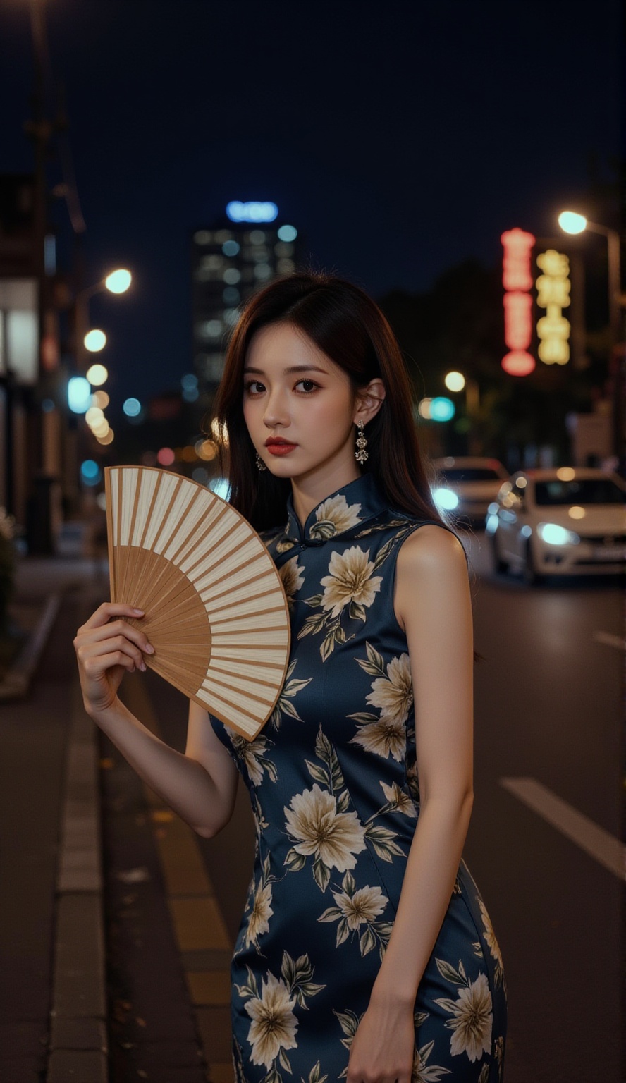Cheongsam,Elegant in Tradition: A Woman Poses with a Fan Against an Illuminated Cityscape.,old street,old car,