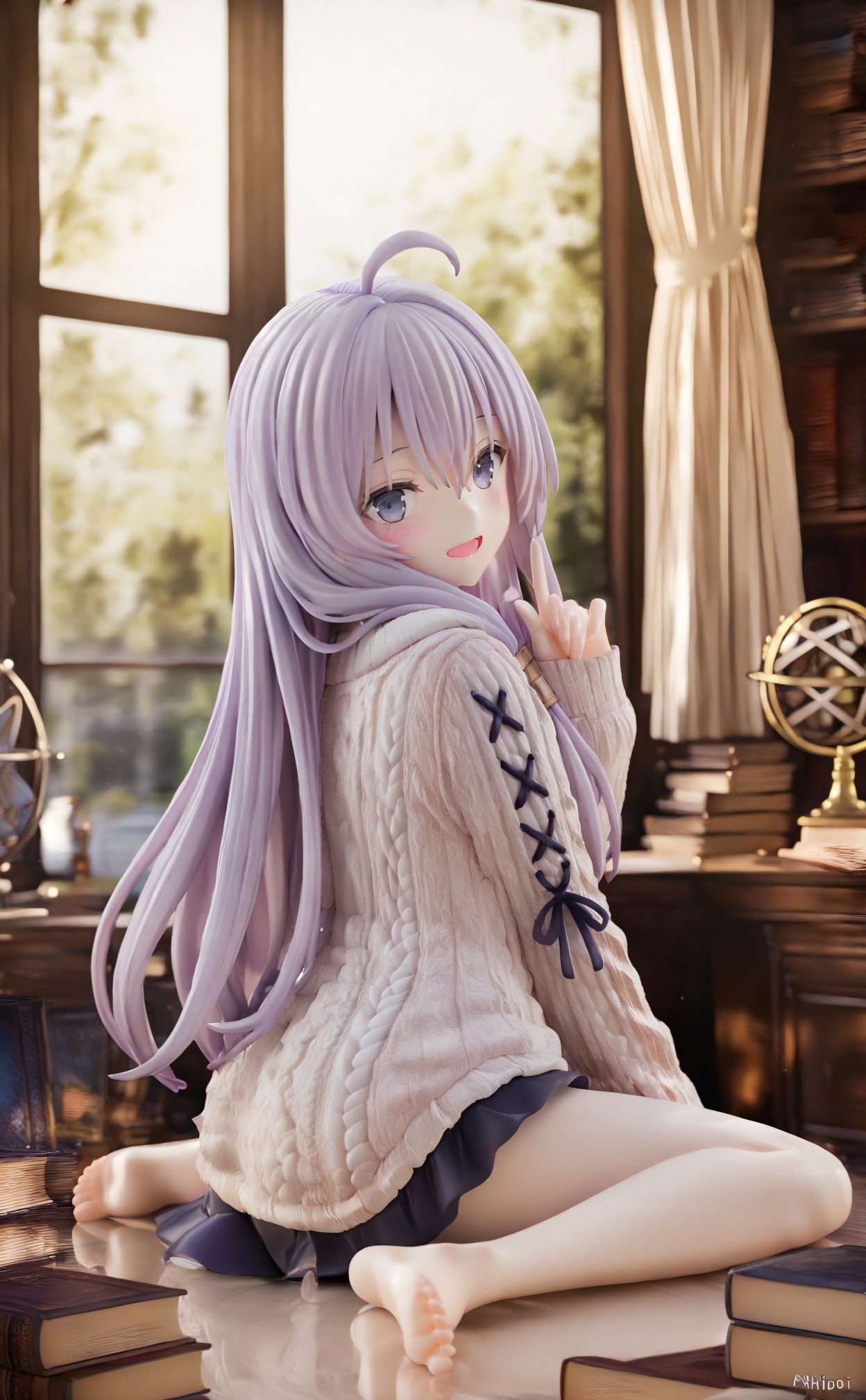 masterpiece,best quality,high quality,PVC Style, 1girl, elaina \(majo no tabitabi\), long hair, solo, ahoge, blurry, barefoot, blue eyes, sweater, sitting, wariza, looking at viewer, blurry background, open mouth, book, smile, aran sweater, globe, indoors, depth of field, cable knit, long sleeves, book stack, hair between eyes, sleeves past wrists, window, electric fan, curtains, index finger raised, grey hair, feet, blush, :d, soles, artist name, bare legs, hand up, toes, very long hair, white sweater, from side, desk, looking back, unicorn \(azur lane\), dress, purple hair,<lora:pvc——【Illustrious】hans:1>,