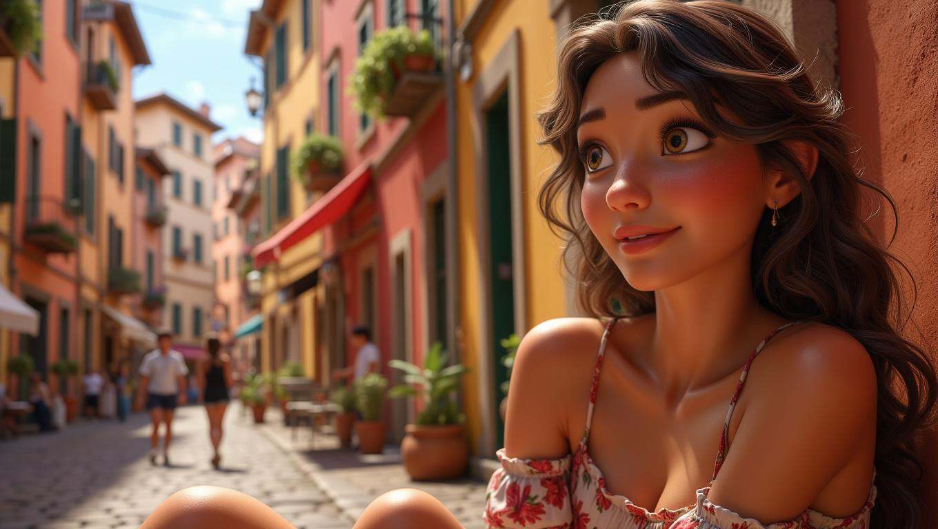 a beautiful woman sitting downtown in Italy on Tensor.Art