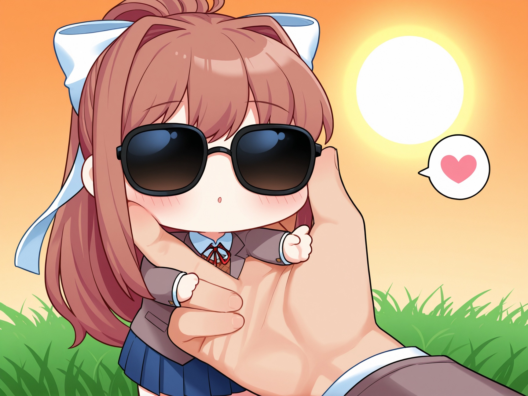 a chibi monika \(doki doki literature club\) wearing sunglasses is grabbing the finger from the hand of the viewer and pre...
