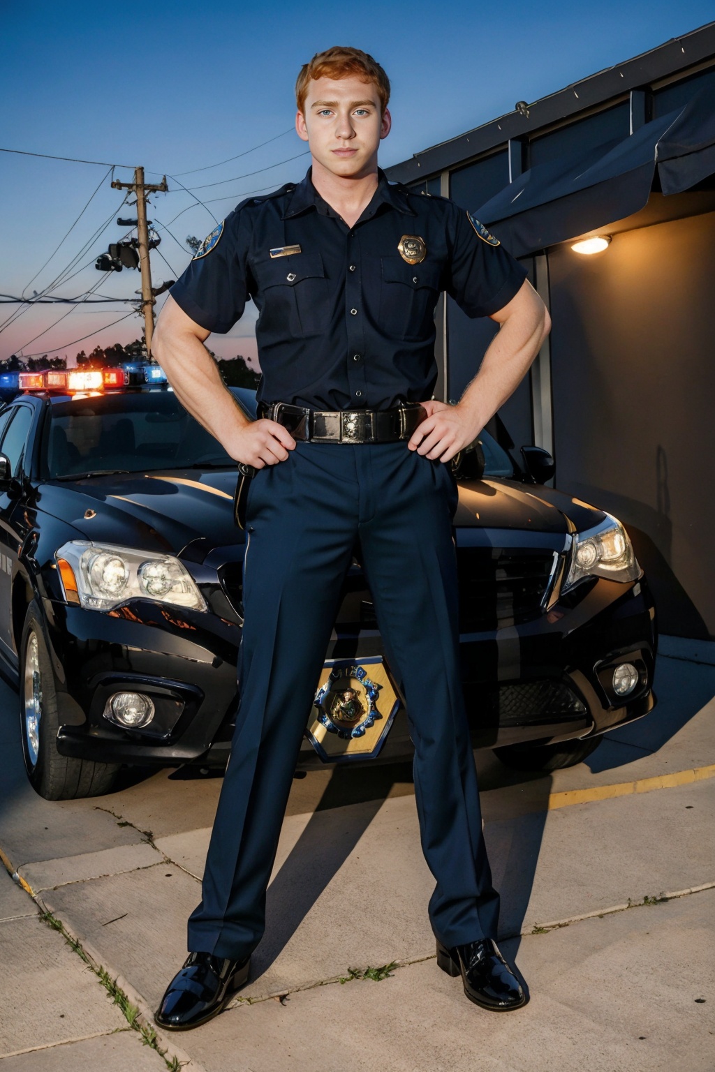 standing next to a police cruiser,  ginger hair,  ConnorMaguire on Tensor.Art