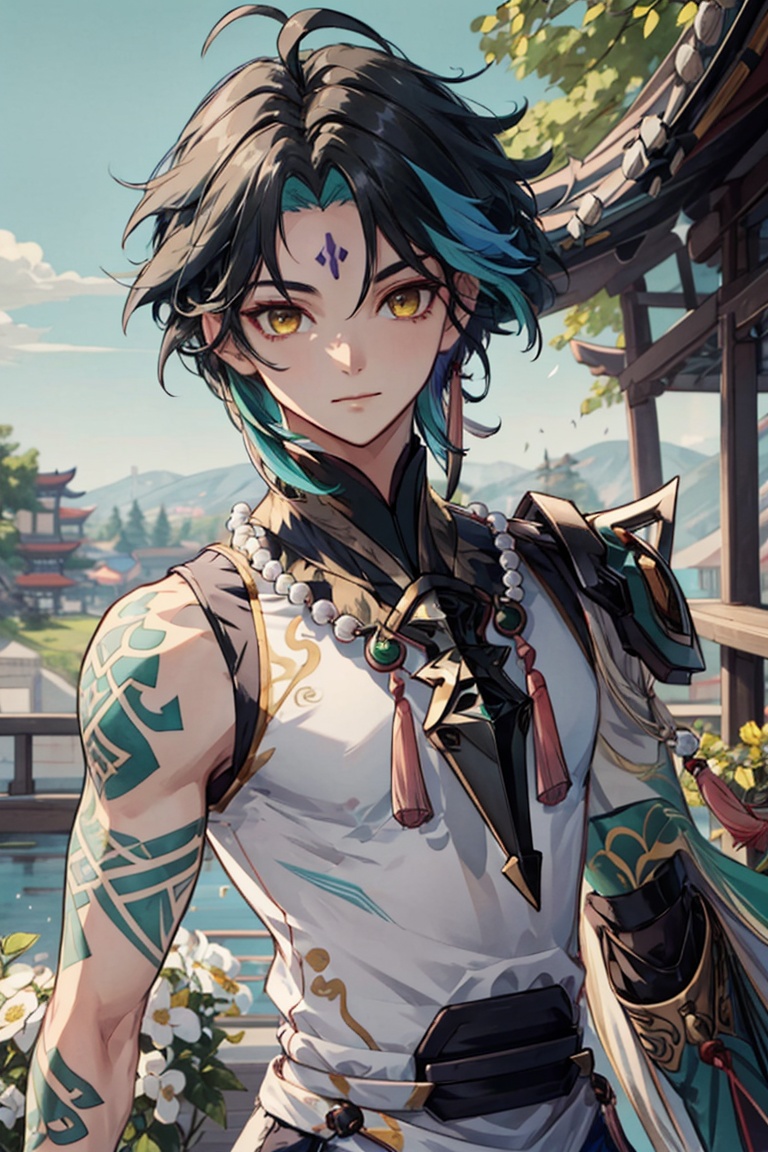 <lora:xiao:0.8>,xiao (genshin impact),1boy,solo,male focus,arm tattoo,(tassel),yellow eyes,diamond purple solid mark,forehead mark,multicolored hair,black hair,green hair,closed mouth,ahoge,green gloves,bangs,asymmetrical clothes,outdoors,looking at viewer,white flower,tree,upper_body,(bead_necklace:0.7),
