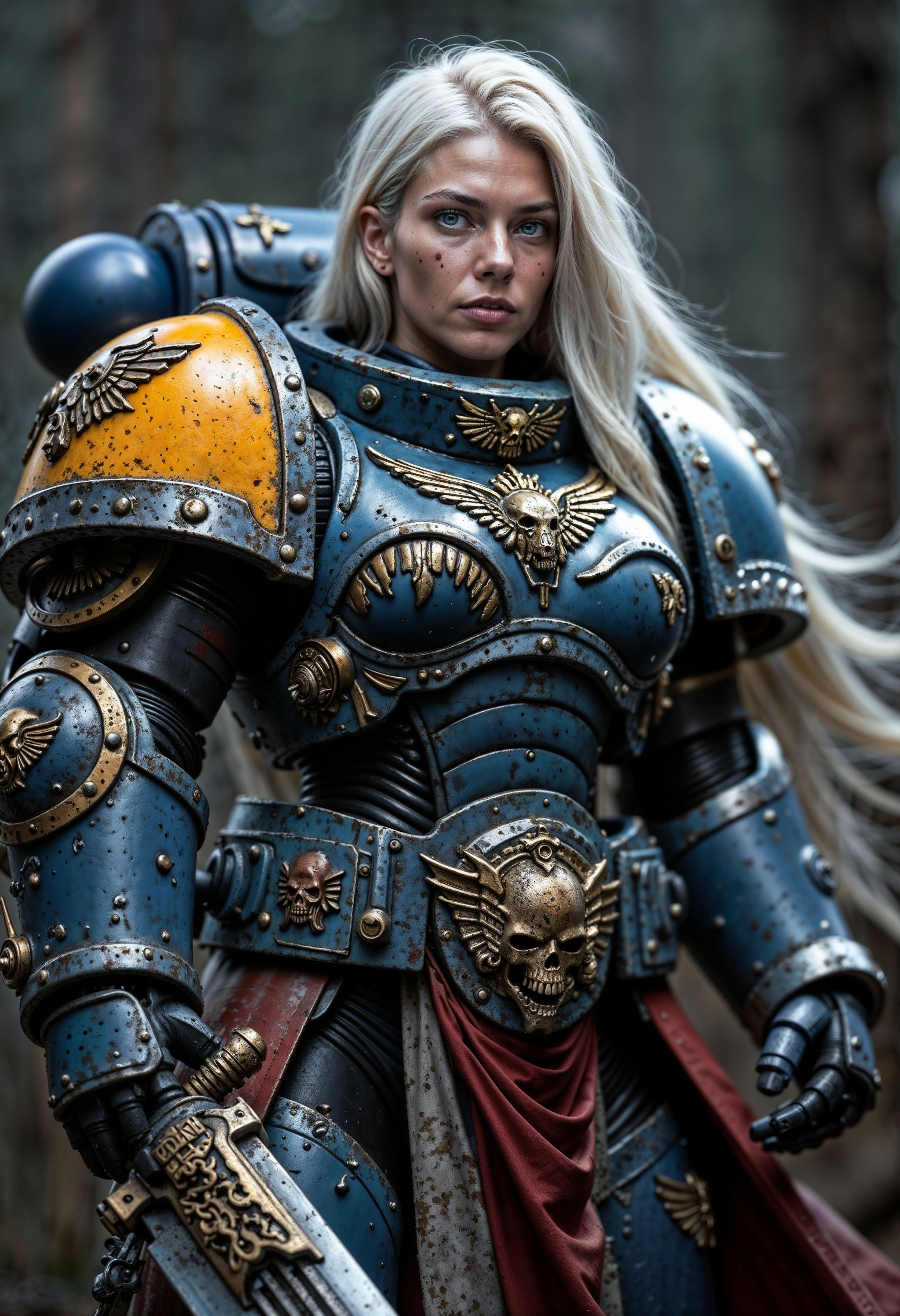 SpaceW40K,  female space marine wearing a chined power armor with a hood,  her long hair is white on Tensor.Art