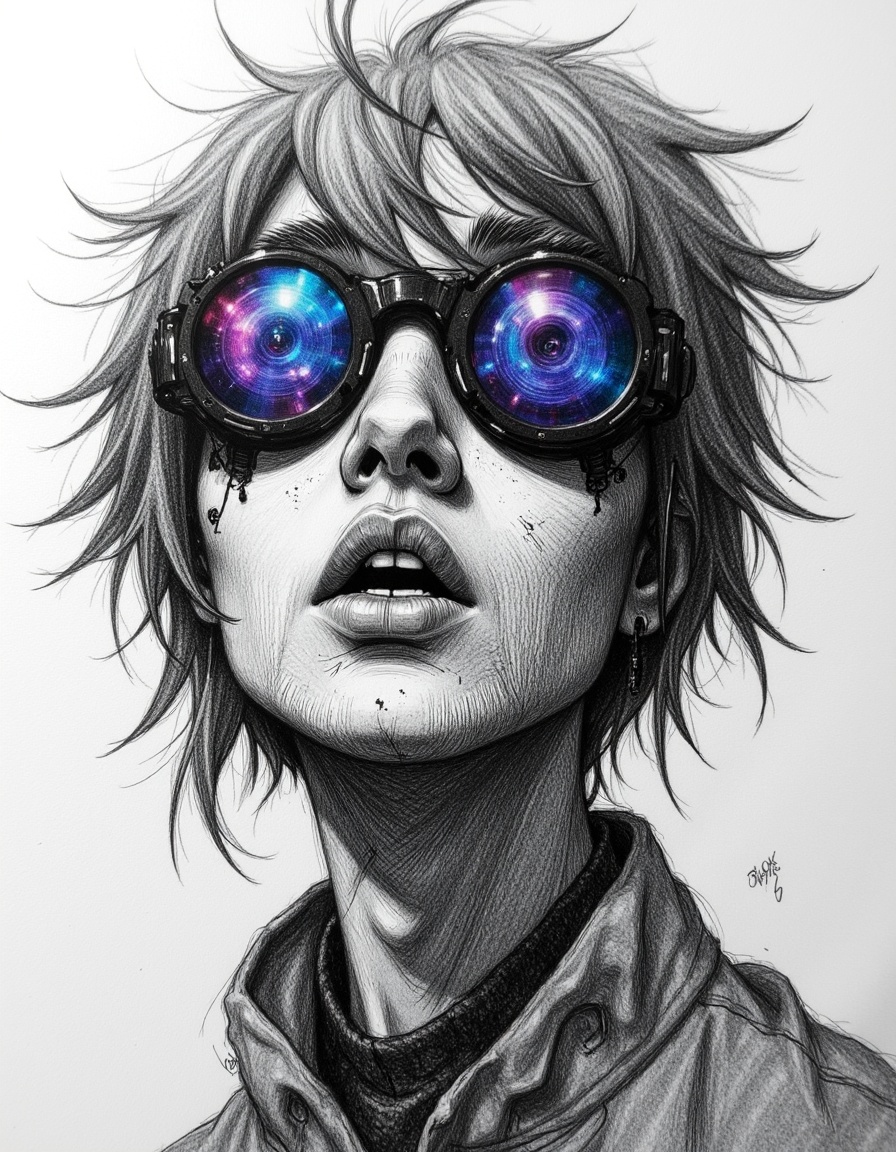 pencil drawing of a cyberpunk hacker,  face partially obscured by holographic displays,  neon reflections in their eyes on...