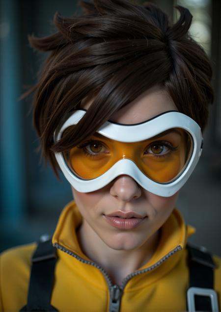 Tracer is a woman and wears goggles. closeup face portrait on Tensor.Art