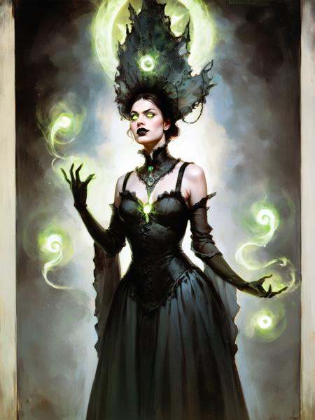 1girl,  cowboy shot of beautiful slavic witch in black traditional dress with ornate green frills,  pale skin on Tensor.Art