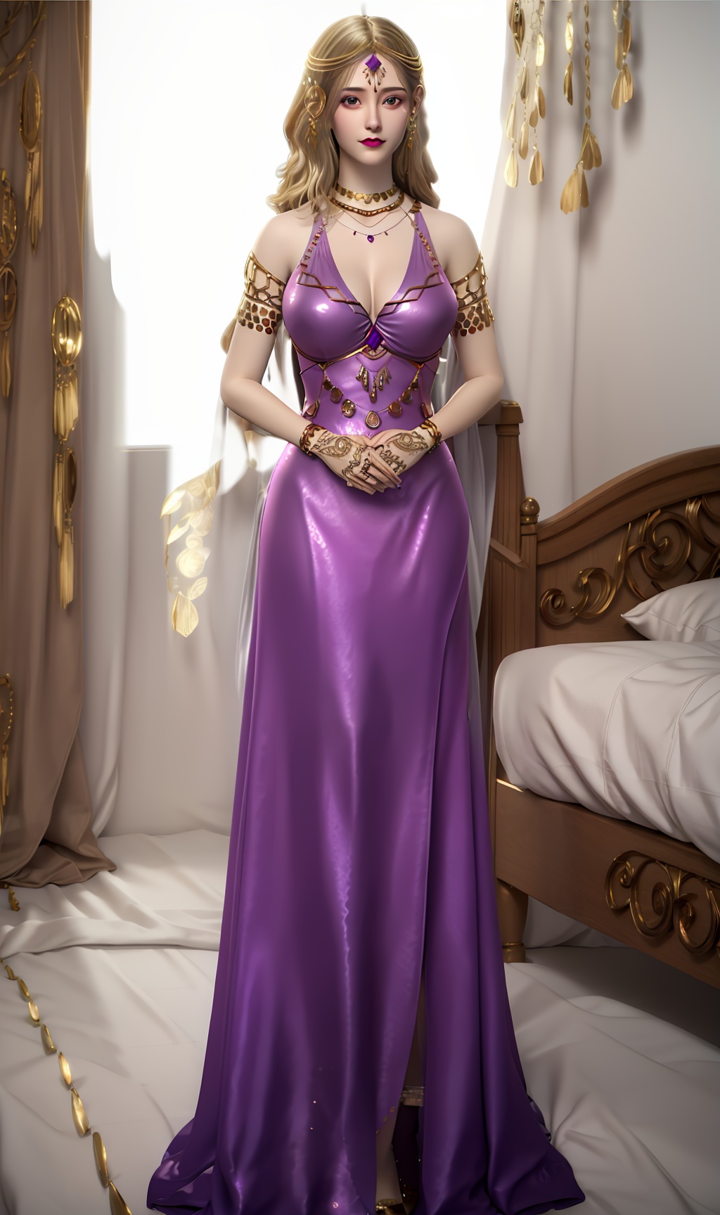 3D,masterpiece,(best quality),(makeup),official art, extremely detailed cg 8k wallpaper,((crystalstexture skin)), (extremely delicate and beautiful),(highly detailed),(face),(tiara),(gold_trim),(bracelet),(1girl), (solo), (jewelry), (earrings),(blonde_hair),(long_hair),(hair_ornament),(handwear),(breasts),(standing),((full_body,whole_body)),(closed_mouth),(long_dress),(long_skirt),(shiny_clothes),(city,outdoor,bed),(long_legs),(robe),,((looking_at_viewer)),((Facing the camera)),(high_heels),, <lora:hipoly3DModelLora_v10:0.3>