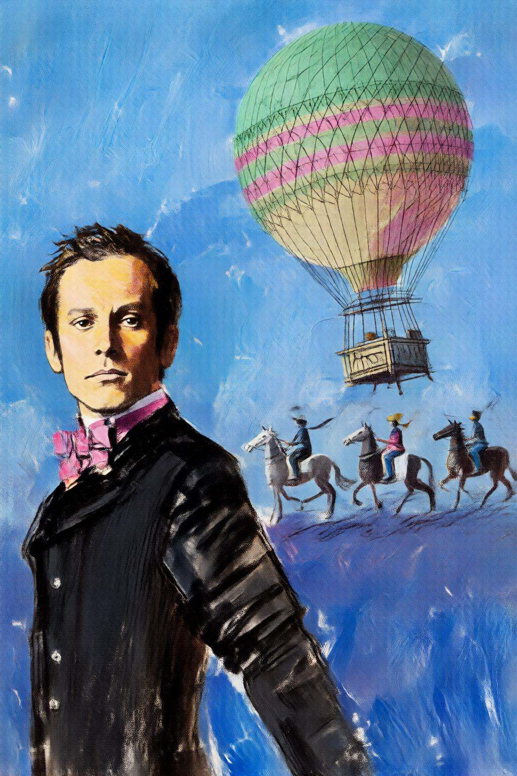 giannirenna2q illustration. On the left foreground stands a thin man,  shown in side profile,  in a dark suit with a pink...