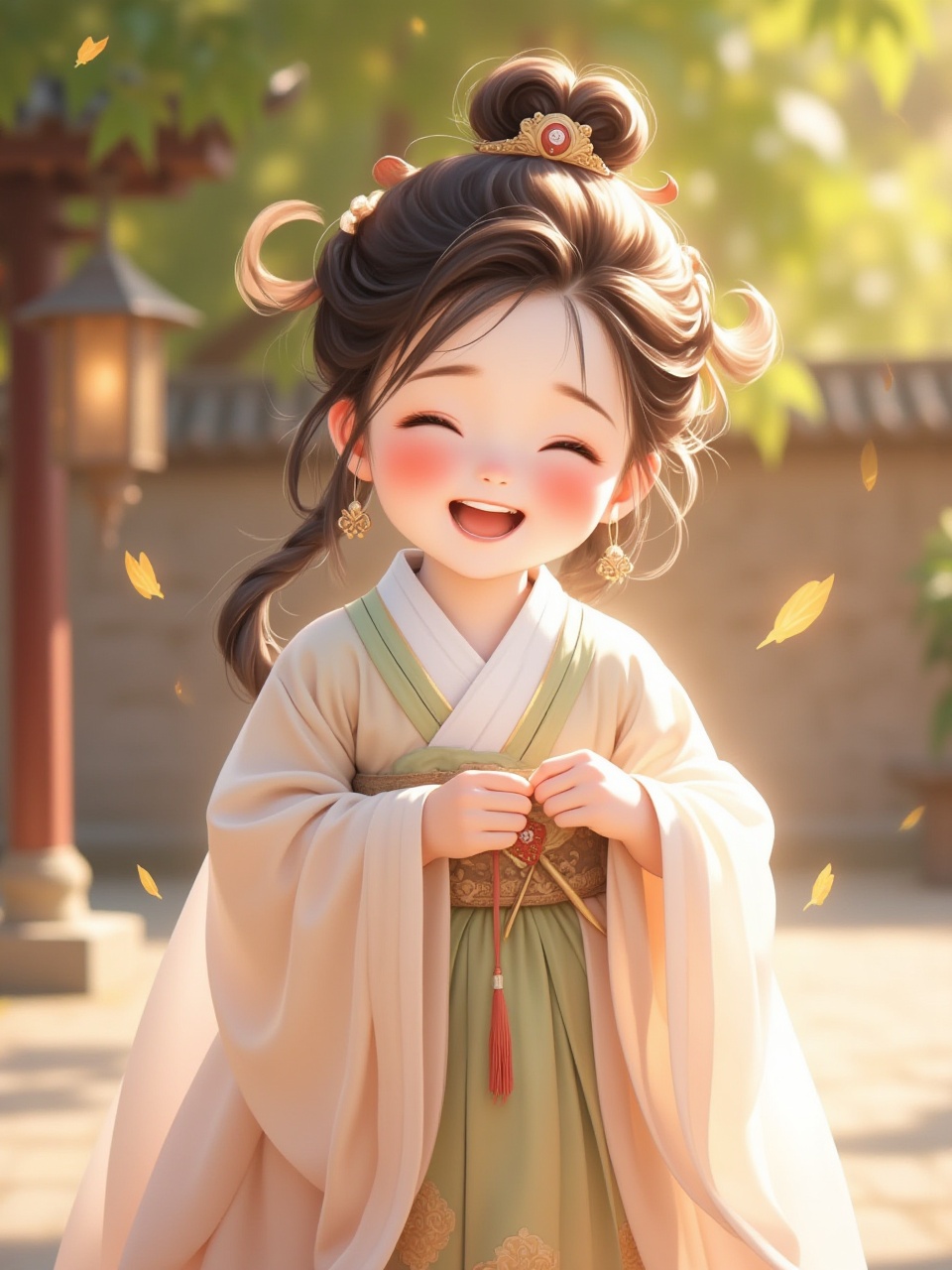 A woman in an outdoor Hanfu is smiling on a sunny day,