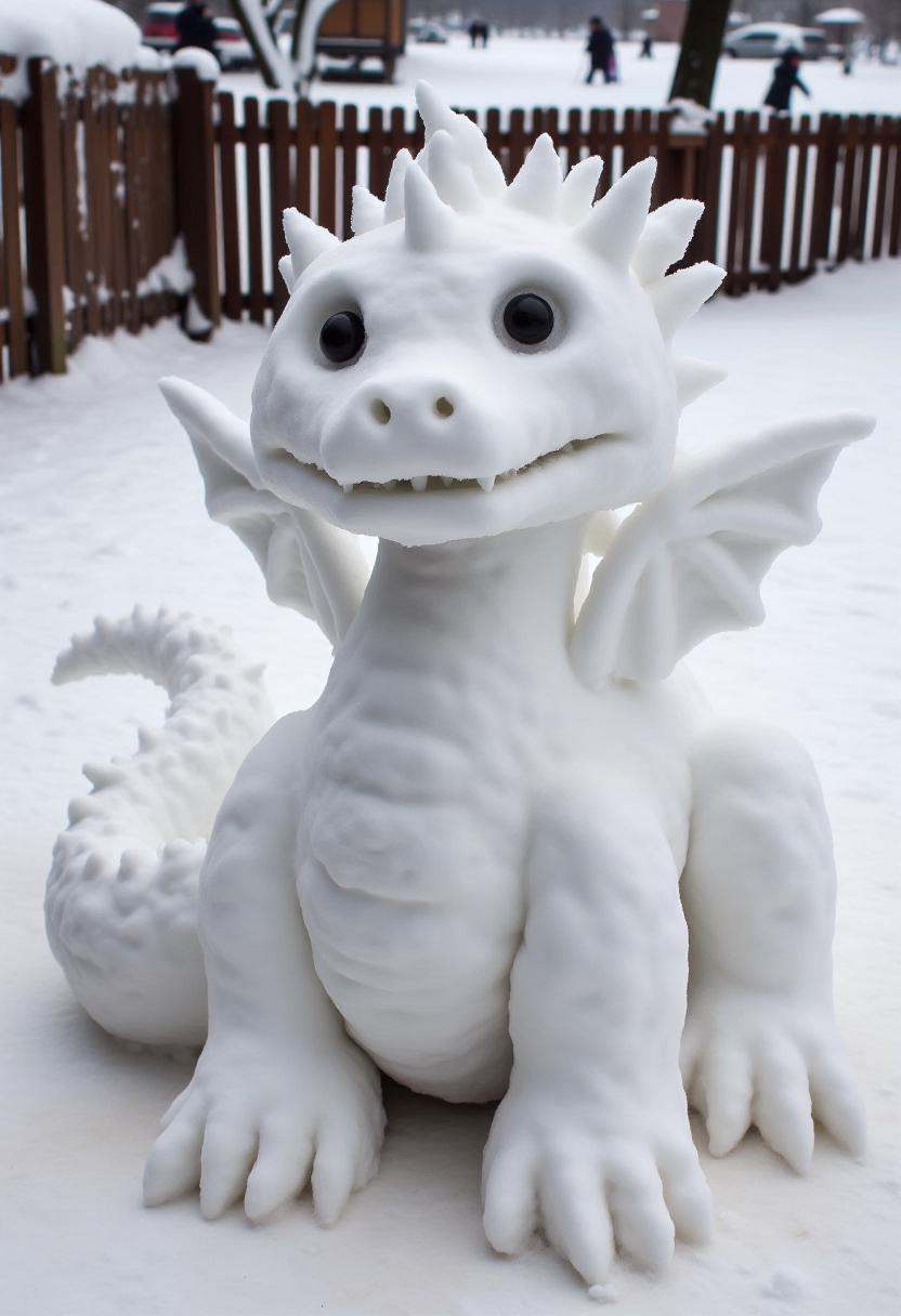 Realistic photograph of a dragon snow sculpture,  crafted entirely from snow. The snow sculpture's texture is uneven,  wit...