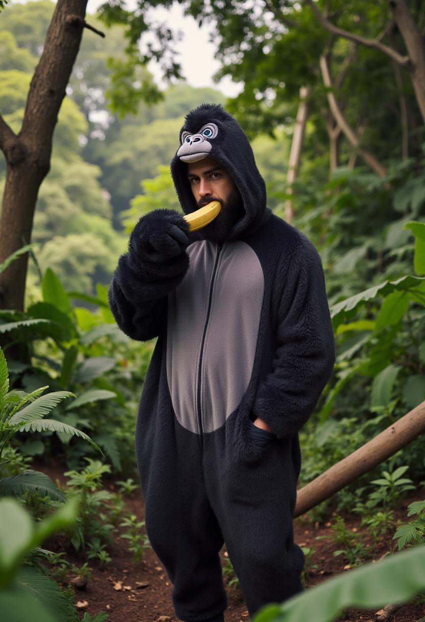 Photograph featuring a bearded man wearing a plush onesie with a hood designed to resemble a gorilla,  standing in a jungl...