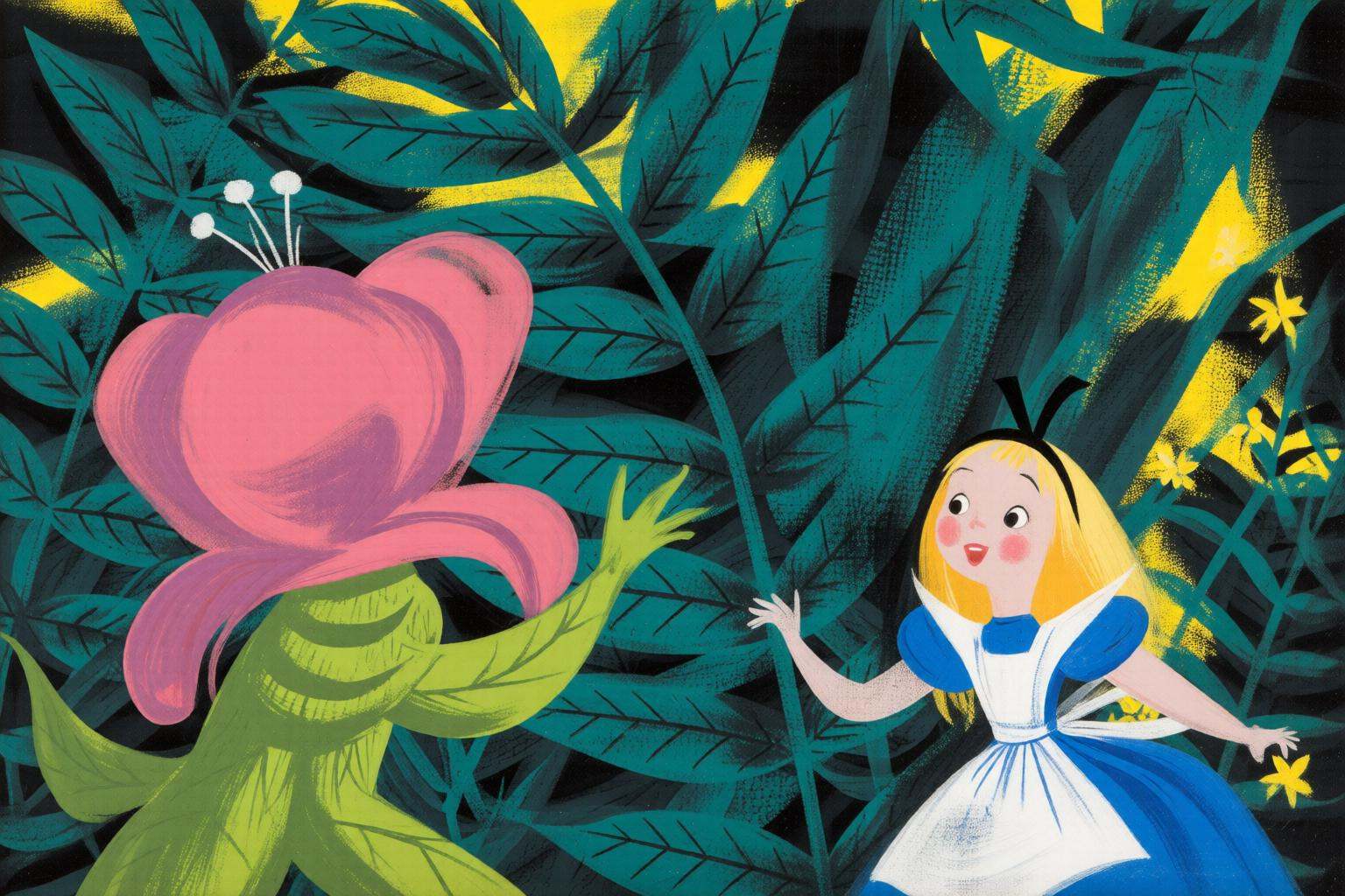 maryblair4q illustration. A large pink flower character with a green stem reaches toward a girl in a blue dress and white...