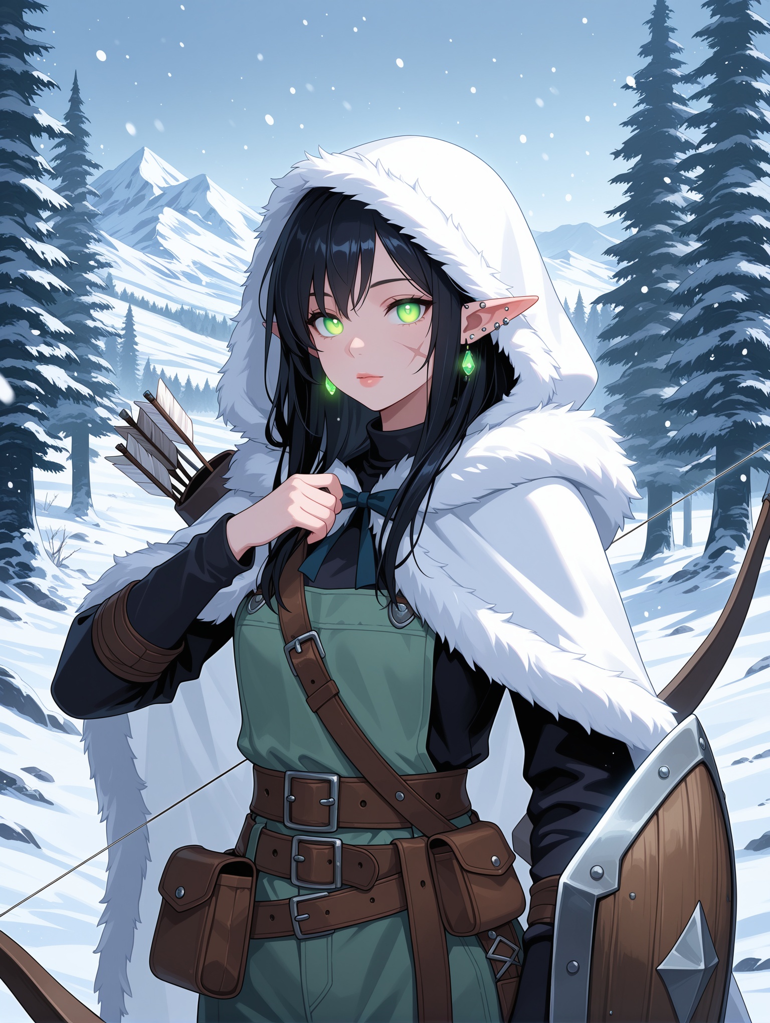dalsket, The image is a digital illustration of a young woman with long dark hair and green eyes. She is wearing a white hooded cloak with a fur stole draped over her shoulders. She has a bow and arrow in her right hand and a shield in her left hand. The woman is standing in a snowy landscape with trees and mountains in the background. The sky is blue and the overall mood of the image is peaceful and serene., 1girl, solo, long_hair, looking_at_viewer, black_hair, holding, jewelry, green_eyes, upper_body, weapon, outdoors, earrings, pointy_ears, day, belt, hood, holding_weapon, cape, from_side, tree, fur_trim, lips, glowing, scar, piercing, ear_piercing, elf, nature, scar_on_face, cloak, glowing_eyes, hood_up, snow, forest, pouch, snowing, bow_\(weapon\), scar_across_eye, mountain, arrow_\(projectile\), fantasy, scar_on_cheek, white_cape, winter, holding_bow_\(weapon\), quiver, pine_tree,,masterpiece,best quality,amazing quality,