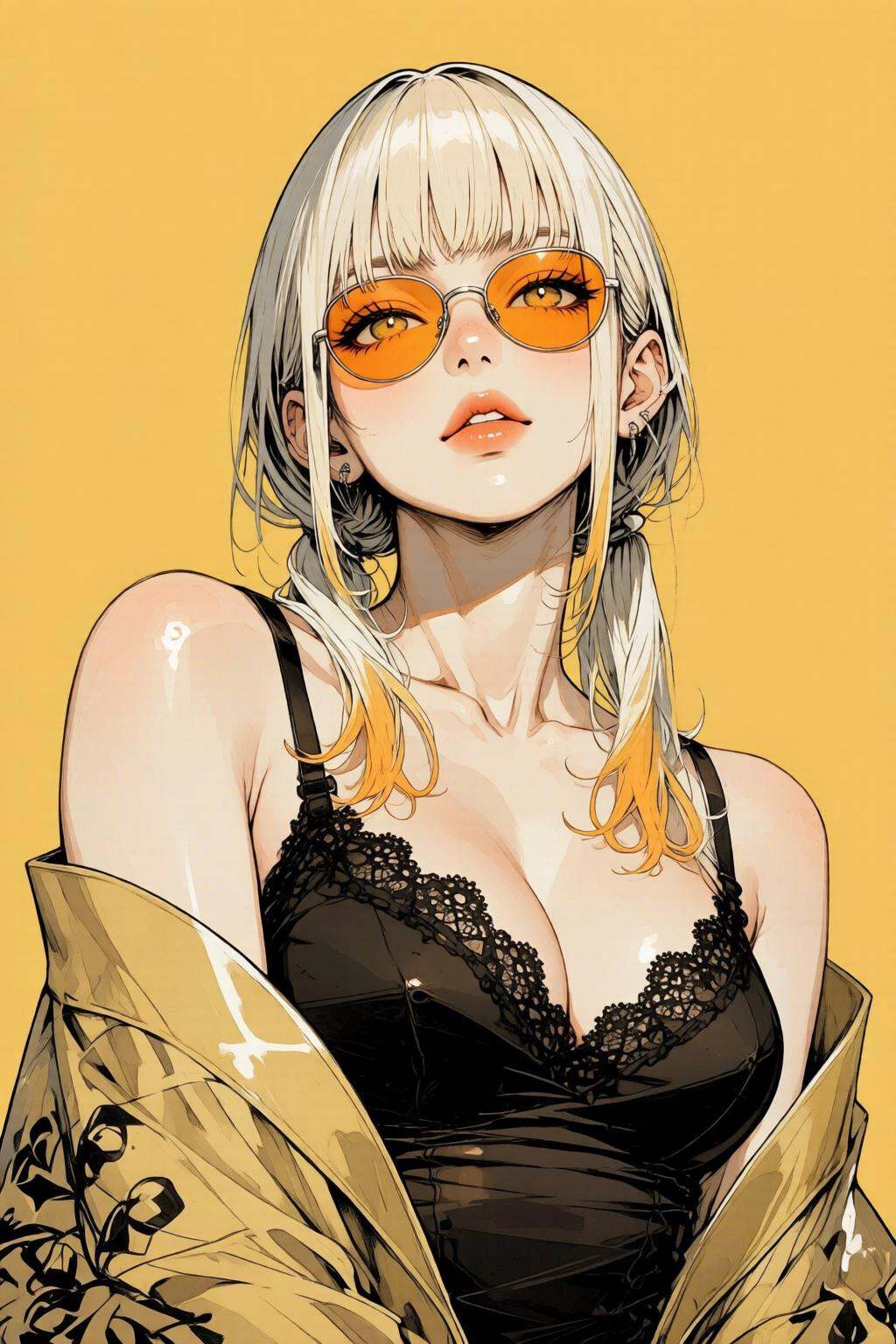 nijiwatercolor1q anime illustration.A woman with long,  blonde hair and orange sunglasses. She is wearing a dark sleeveles...
