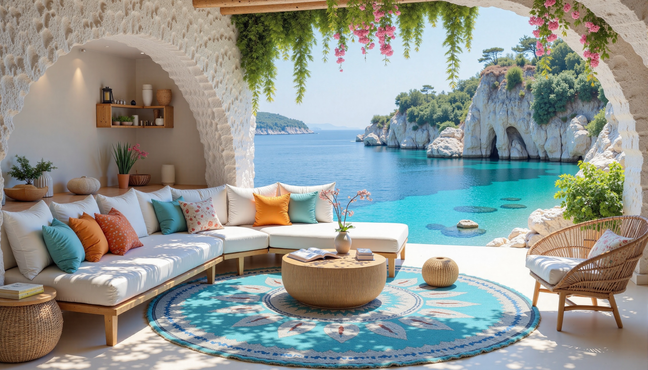 bambo0,  A vivid,  sunlit outdoor seating area features a serene coastal scene. The main subject is a luxurious living spa...