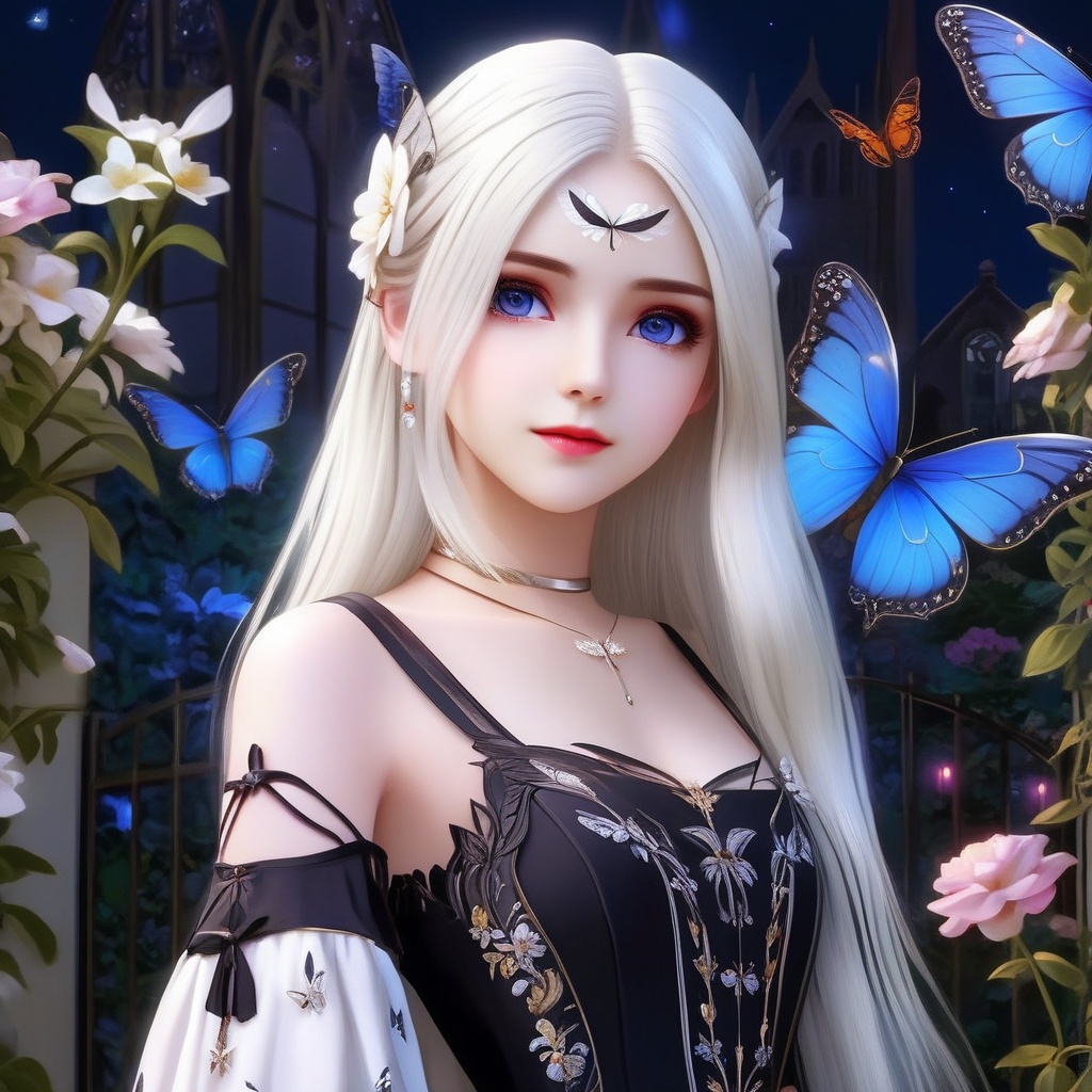 <lora:837-DA-XL-斗罗大陆-千仞雪-幼年:0.8>, (masterpiece),(best quality),night,glowing eyes,gothic,long dress, 1 girl, solo, long white hair, blue eyes, detailed eyes, blink and youll miss it detail,butterfly, flower garden, high quality, floral background, very detailed,off shoulde