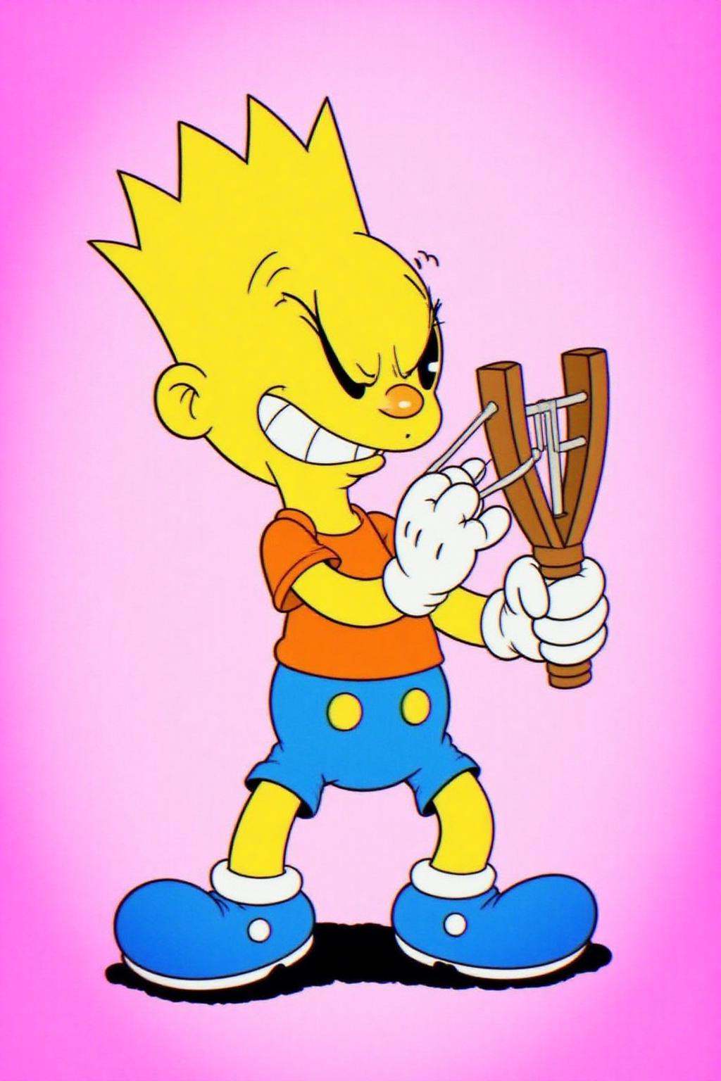 rubber hose animation style.Bart Simpson is depicted winking and firing with a slingshot. He wears an orange T-shirt,  blu...