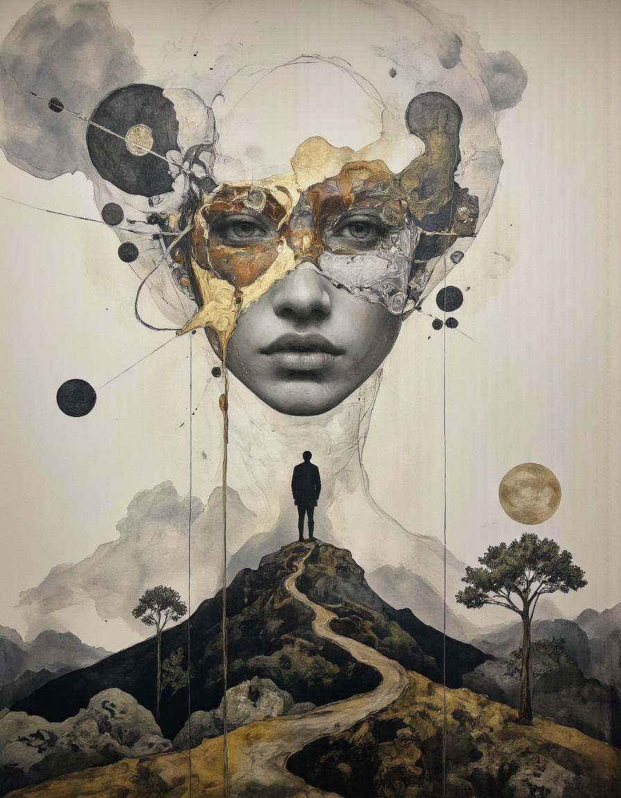 Create portraits of individuals with distorted features,  floating in ethereal landscapes.,  inspired by Ren� Magritte on...