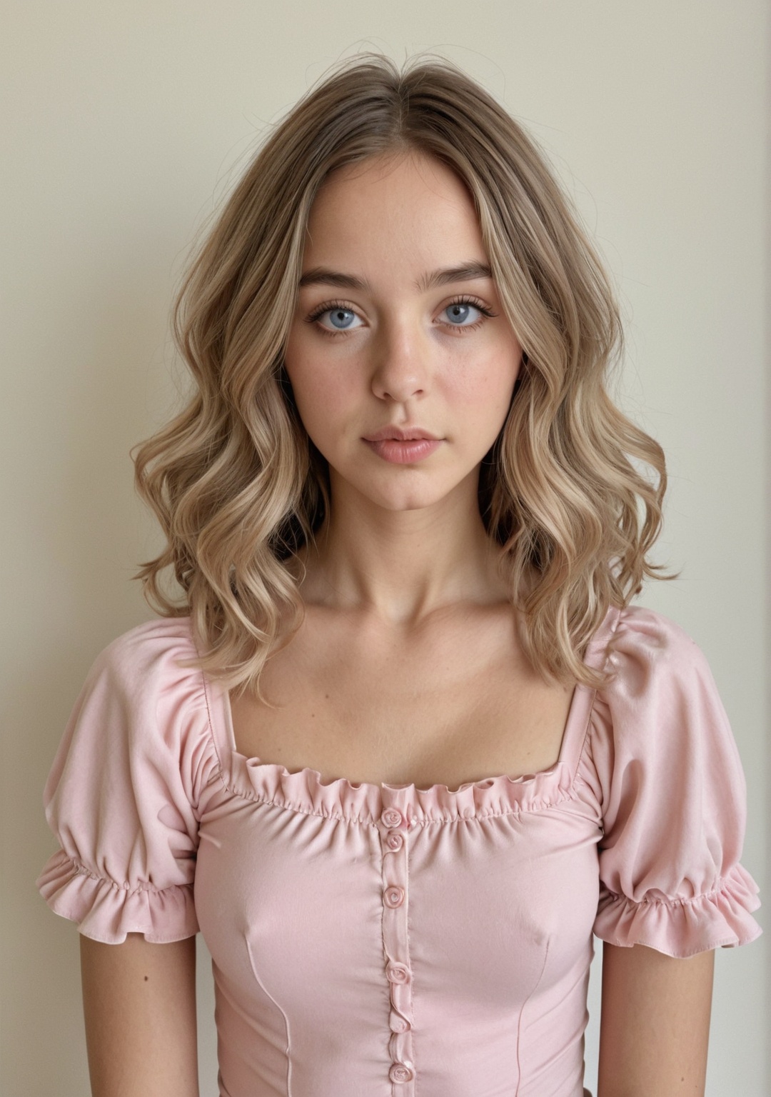a half body shoot of woman wearing a short sleeves light pink top with round neck. the sleeves featuring with double mini...