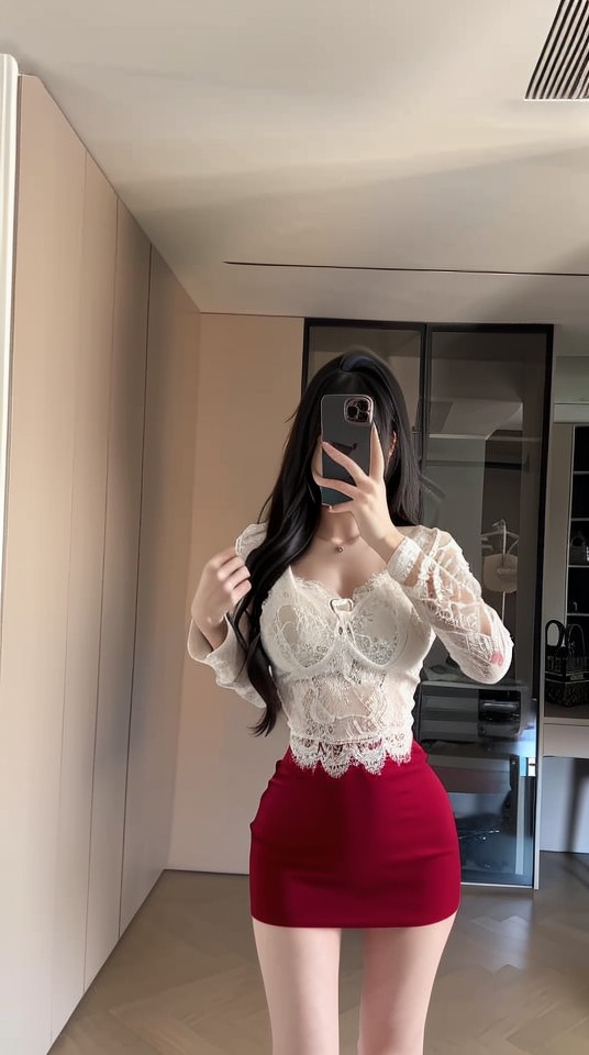 chuanda, 1girl, phone, selfie, cellphone, solo, mirror, black hair, smartphone, long hair, skirt, breasts, holding phone, reflection,<lora:chuanda_v2:0.8>