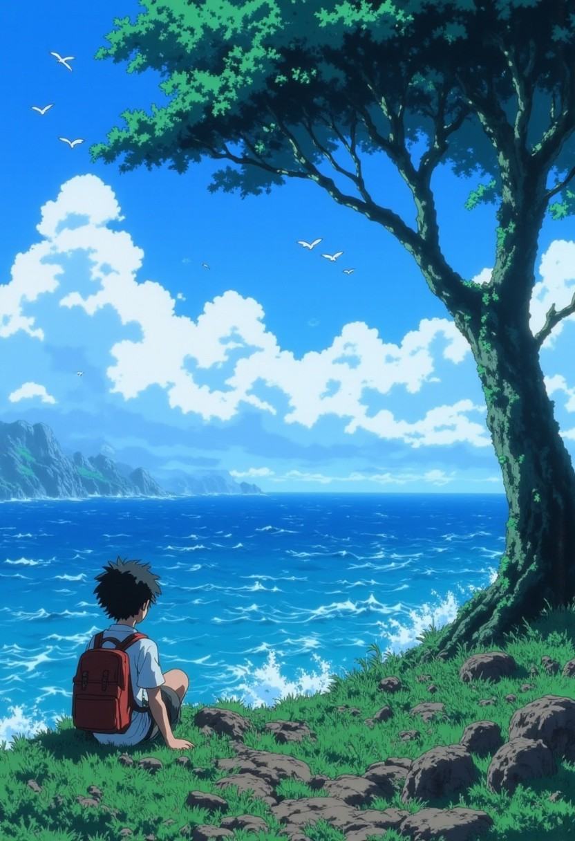 3986738193,  Portrait composition,  highly detailed anime-style illustration of a vast coastal landscape. A boy with a bac...