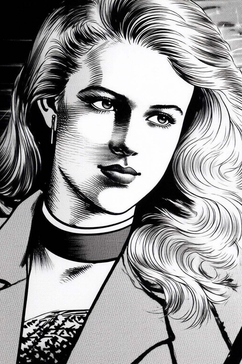 ryoichiikegami2q illustration. Black and white drawing.close-up of a blonde woman. She has long,  flowing blonde hair styl...