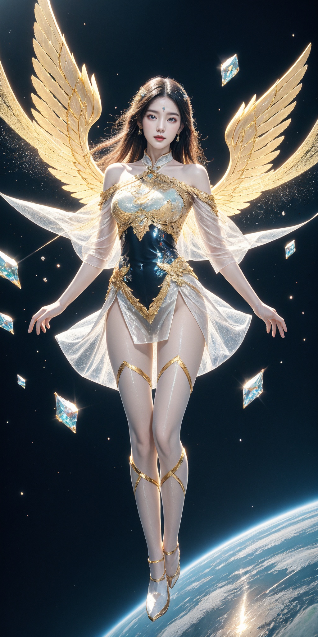 1girl, see-through white chinese clothes, off-shoulder dress, see-through short skirt, white see-through cyborg, gem cyber, solo, and flowing hair, armored, white see-through bodysuit, glowing, wings, outdoors, thighs, gem, gradient, mirror fragment, gem fragment, (flying on sky:1.2), space, planet, astral, light particle