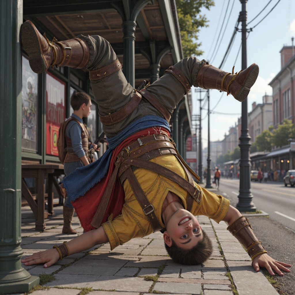 GoWRAtreus,  a 14 year old viking boy Side somersault with arms extended in a bus stop location. The boy has blue eyes. He...