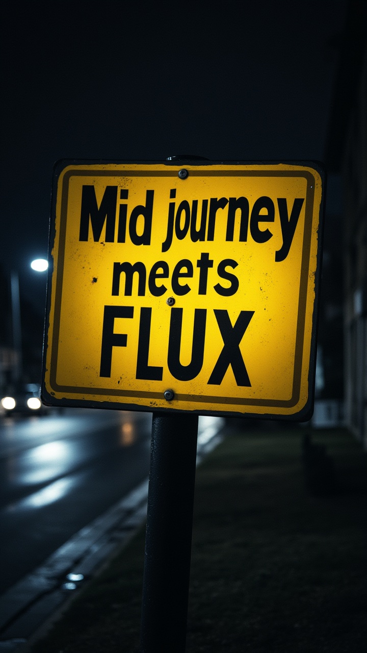 Engaging dark yellow sign with Text:"Midjourney meets FLUX",  photograph,  Exceptional Motorcycle on Tensor.Art