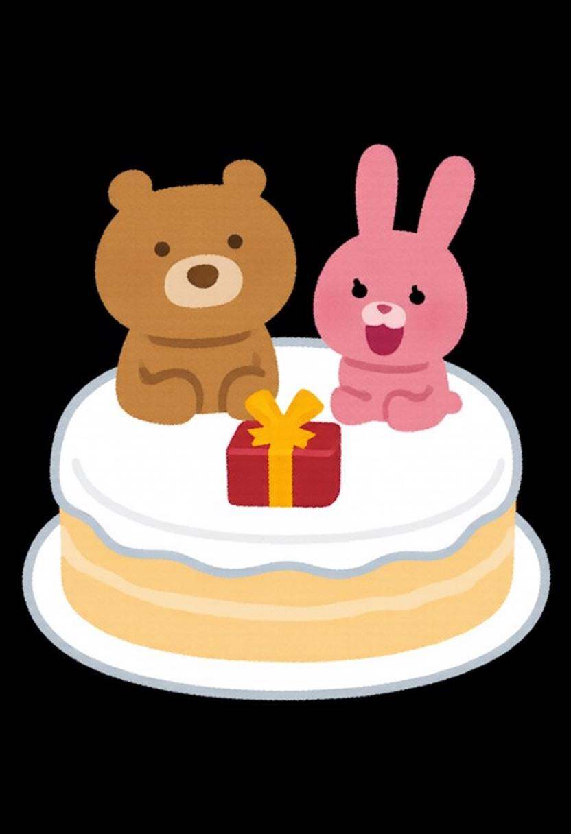 irasutoya3q illustration.A cake with white frosting and a yellow-orange layer. On top,  there are two plush toys: a brown...