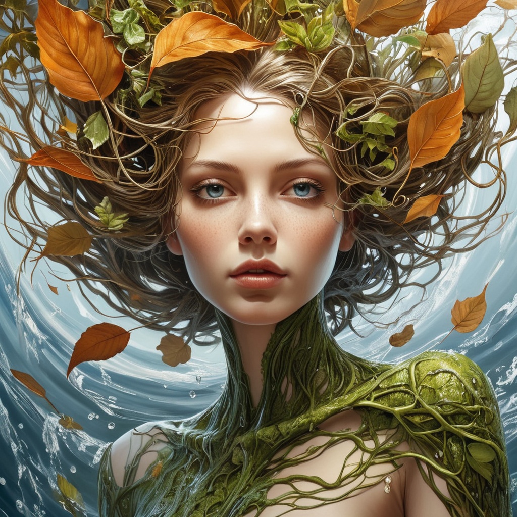 A breathtaking full-body portrait of a woman embodying nature's elements,  rendered with extraordinary detail. Her hair fl...