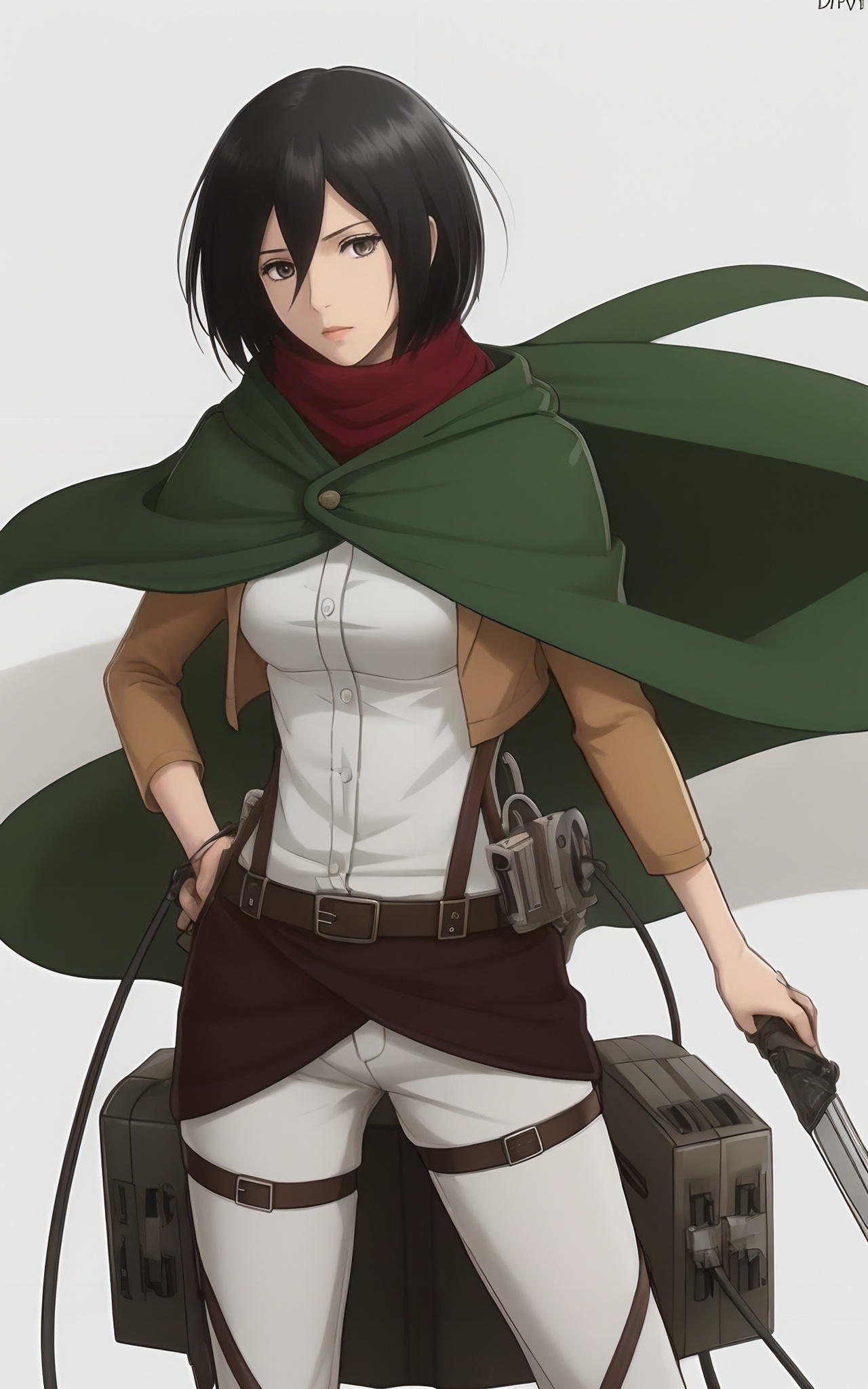 golden hour,highly detailed,ultra-high resolution,32K UHD,sharp focus,best-quality,masterpiece,Emotionalization,with a high-end texture,<lora:三笠-000018:0.6>,sanli,1girl,mikasa ackerman,weapon,black hair,solo,holding,jacket,sword,short hair,paradis military uniform,scarf,black eyes,holding weapon,belt,three-dimensional maneuver gear,white background,cape,simple background,holding sword,hair between eyes,pants,looking at viewer,long sleeves,white pants,green cape,white shirt,shirt,dual wielding,cowboy shot,