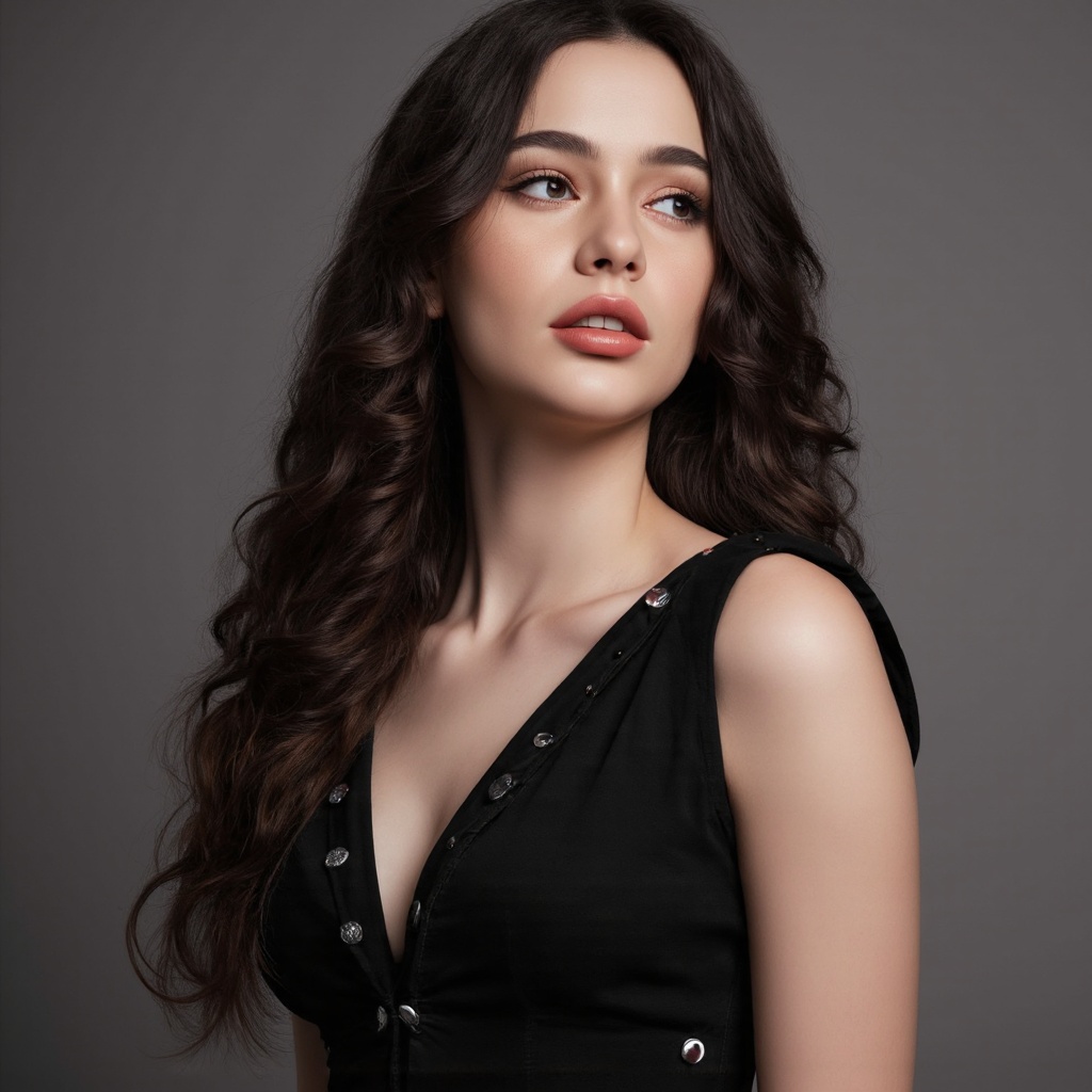 A close-up portrait of dasha_taran with long,  wavy black hair. She is captured in a side profile,  her gaze directed away...