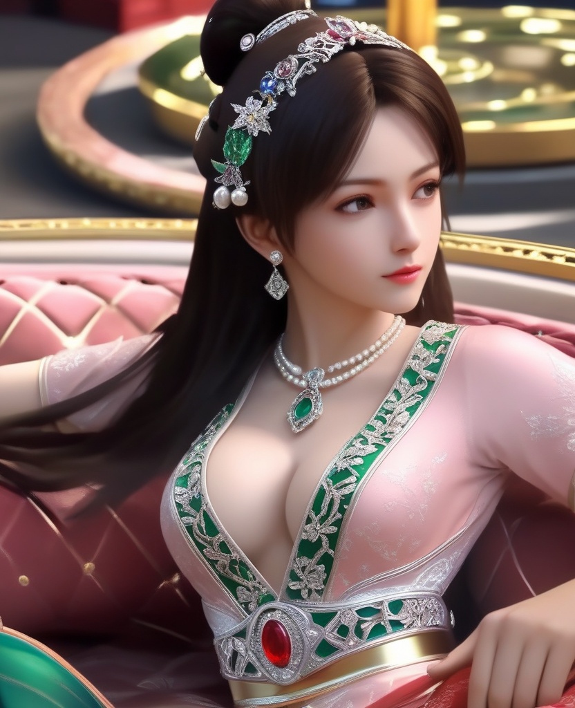 <lora:843-DA-XL-元龙-宋嫣:0.8>, (,1girl, ,best quality, ),,masterpiece, ((((1girl, solo , lying, )))) (cleavage),,  (), ,ultra realistic 8k cg,   clean, masterpiece,      (( , )),,  , unreal, science fiction, luxury, jewelry, diamond, gold, pearl, gem, sapphire, ruby, emerald, intricate detail, delicate pattern, charming, alluring, seductive, erotic, enchanting, hair ornament, necklace, earrings, bracelet, armlet,halo,(cleavage),, , (sit),