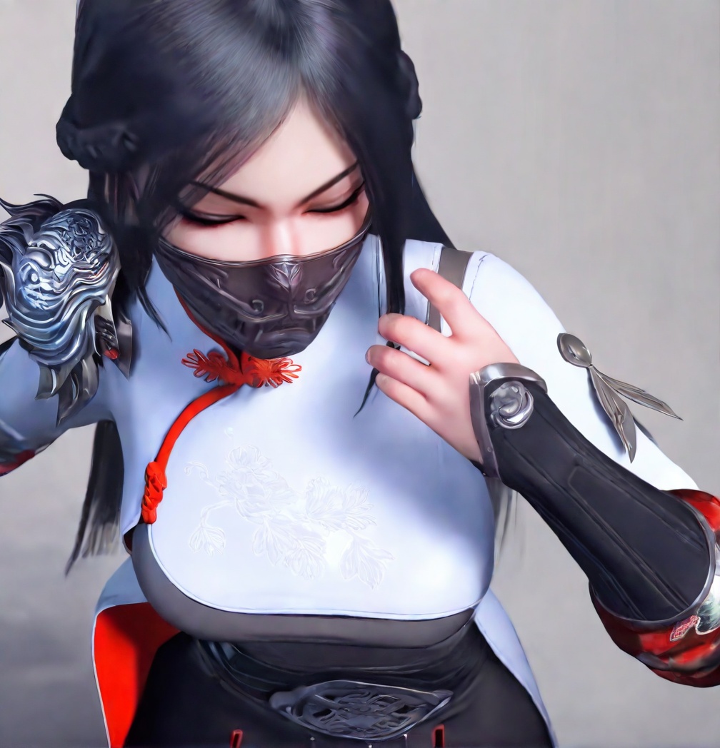 solo,highly detailed,(best quality),((masterpiece)),1girl,a7,simple background,upper body,<lora:a7nbXL:1>,black hair, long hair, mouth mask, chinese clothes, armor, china dress, standing, braid
