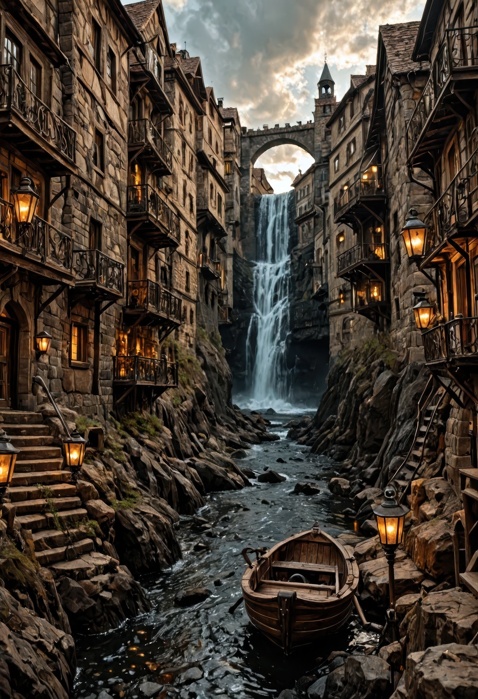 A sprawling,  intricate city built into a rocky cliffside,  glowing with warm golden lights from windows and lanterns on T...