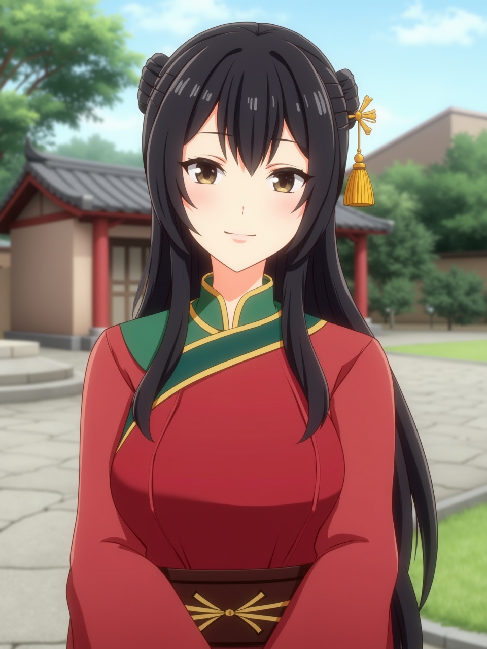 2D style,A girl with long black hair and black eyes is smiling in the outdoors wearing red and green Chinese clothes,