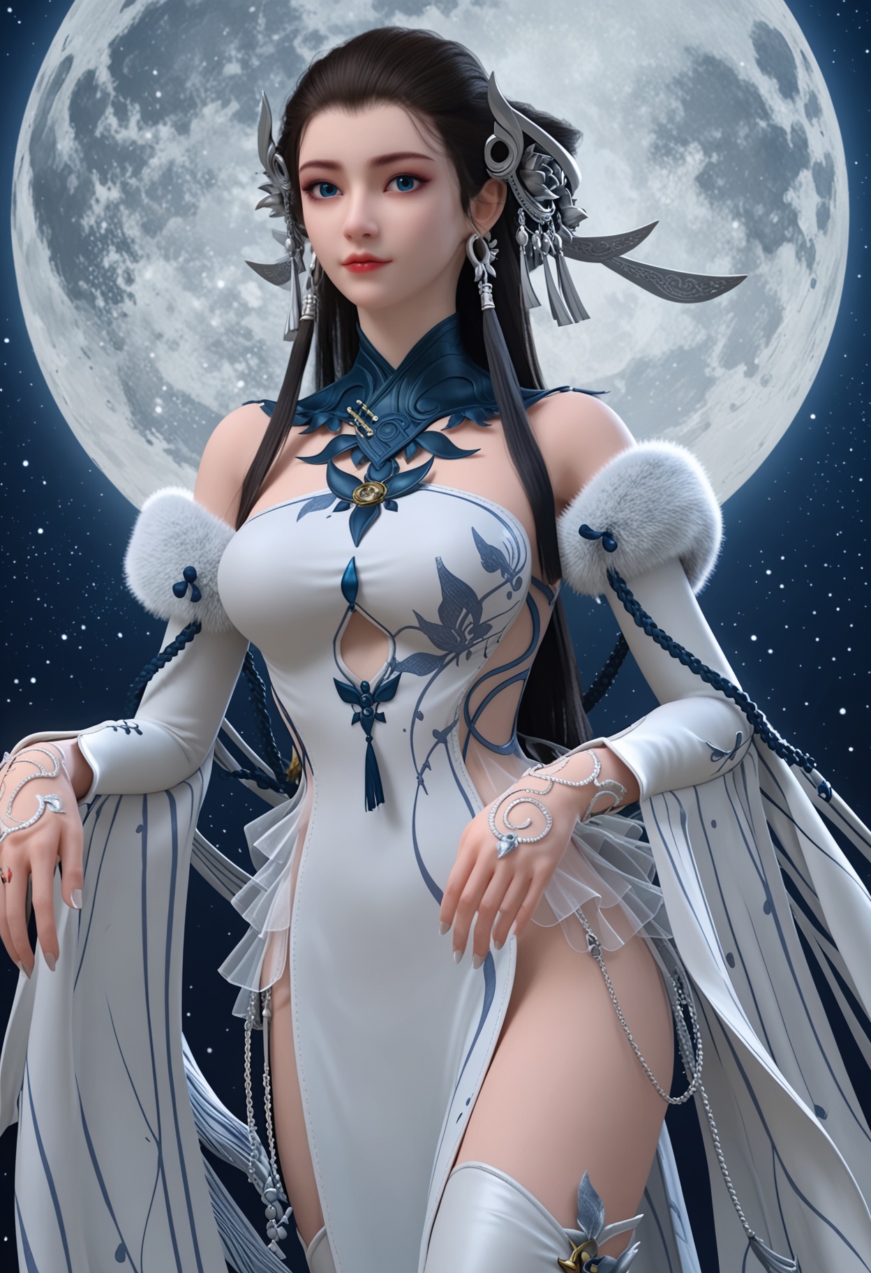 (score_9:1.1),1girl,solo,(upper_body:1.2),looking at viewer,(moon:1.1),(night:1.1),sky,night sky,(full moon:1.1),(huge planetary background:1.1),moonlight,<lora:YQponybaiyijunV2:0.8>,q1528437228,solo,1girl,long_hair,hair_ornament,dress,jewelry,bare_shoulders,brown_hair,earrings,realistic,white_dress,detached_sleeves,black_hair,blue_eyes,tassel,chinese_clothes,fur_trim,see-through,boots,high_heels,tassel_earrings,necklace,white_footwear,black_footwear,thighhighs,fingernails,fingers,