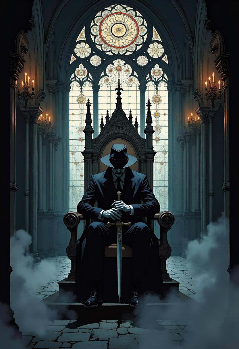 A digital illustration featuring a dark and eerie scene of a hunter man sitting on a throne in a Gothic cathedral. The man...