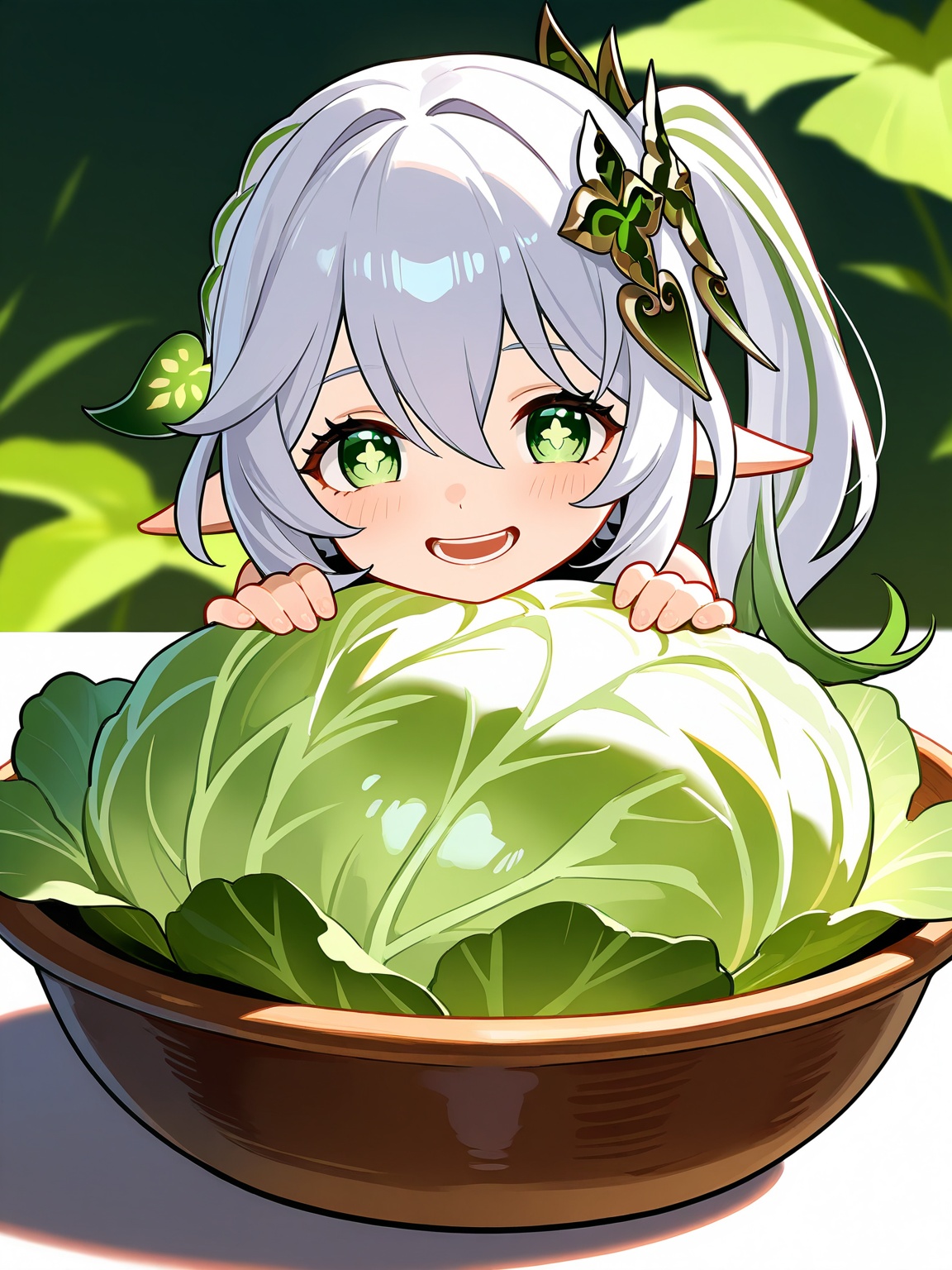 masterpiece, best quality, nahida (genshin impact), cabbage, crazy smile,