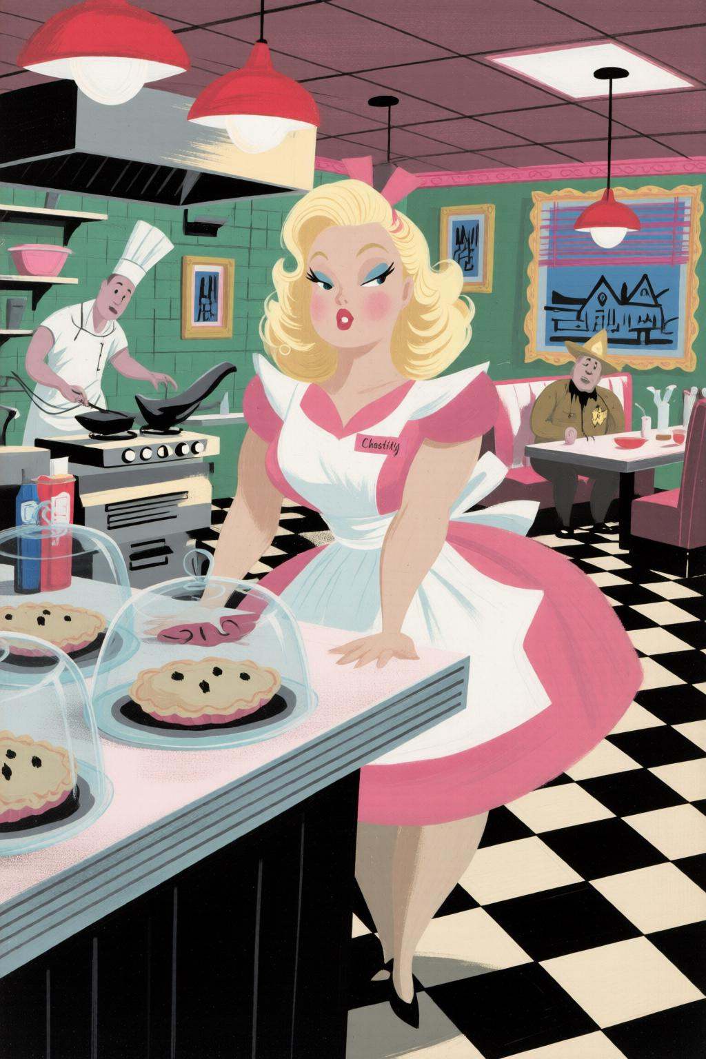 maryblair4q illustrationSilmas. A waitress named "Chastity" standing behind the formica counter of a sun-drenched,  classi...