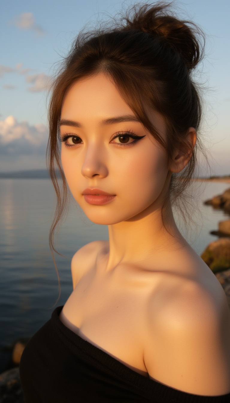 A young woman with fair skin and a slender physique stands by the edge of a body of water,  possibly a lake or sea,  durin...