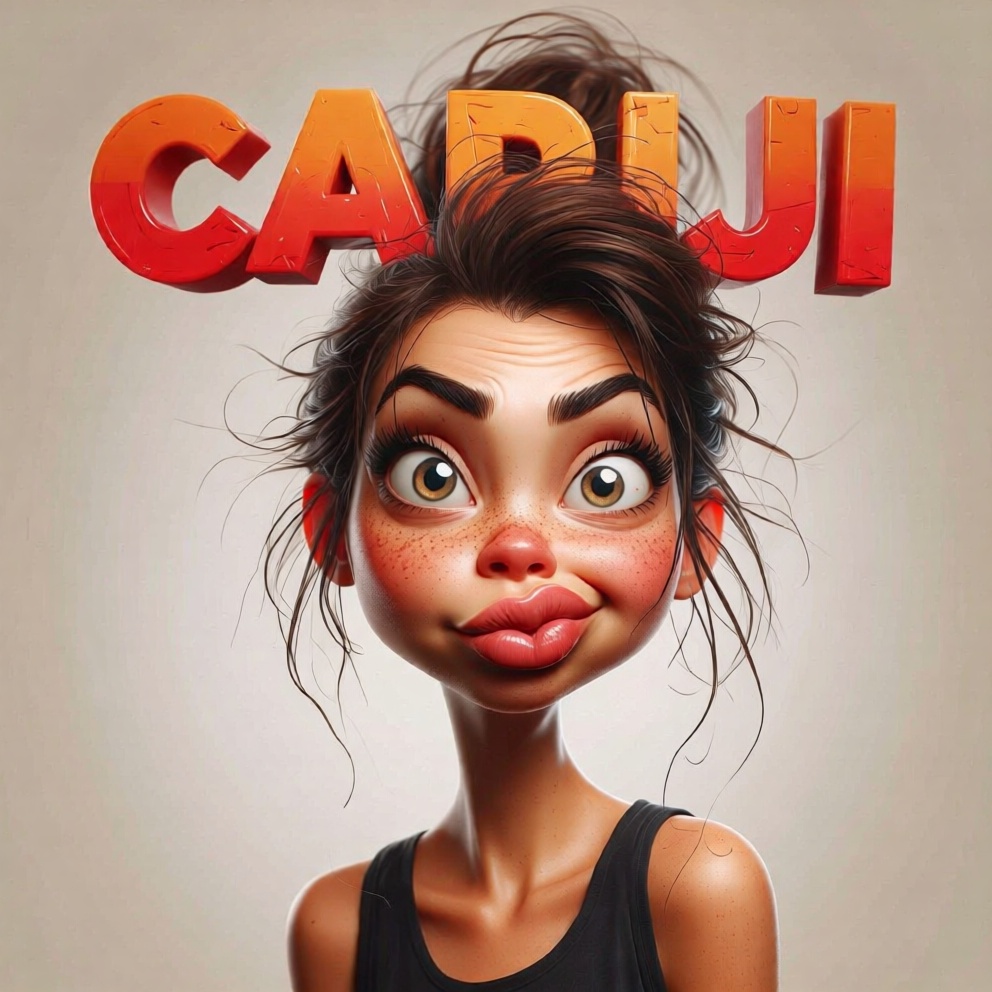Cariji,  Poster titled "CARIJI" in bold vibrant 3d text featuring caricature of a young woman. She has exaggerated facial...