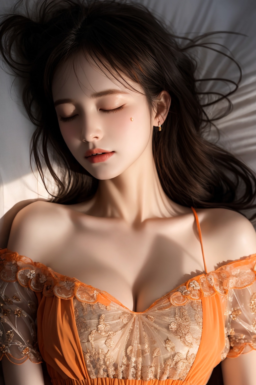 XHC sleep,1girl,solo,closed eyes,realistic,lying,dress,(light orange dress:1.4),bare shoulders,breasts,on back,pillow,lips,long hair,sleeping,brown hair,collarbone,black hair,closed mouth,off shoulder,cleavage,short sleeves,nose,bed sheet,soft light,(see-through:1.3),epic realistic,(dark shot:1.5),(darkness:1.5),(soft light:1.2),(breast:1.3),(cleavage:1.3),<lora:XHC soft light_20240716125739-000018:0.8>,(masterpiece, top quality, best quality, official art, beautiful and aesthetic:1.2),natural skin texture,high detailed skin,(detailed skin:1.5),photorealistic,extreme detail,lifelike,crisp,precise,35mm photograph,film,bokeh,professional,highly detailed, <lora:XHC soft light_20240716125739:0.5>
